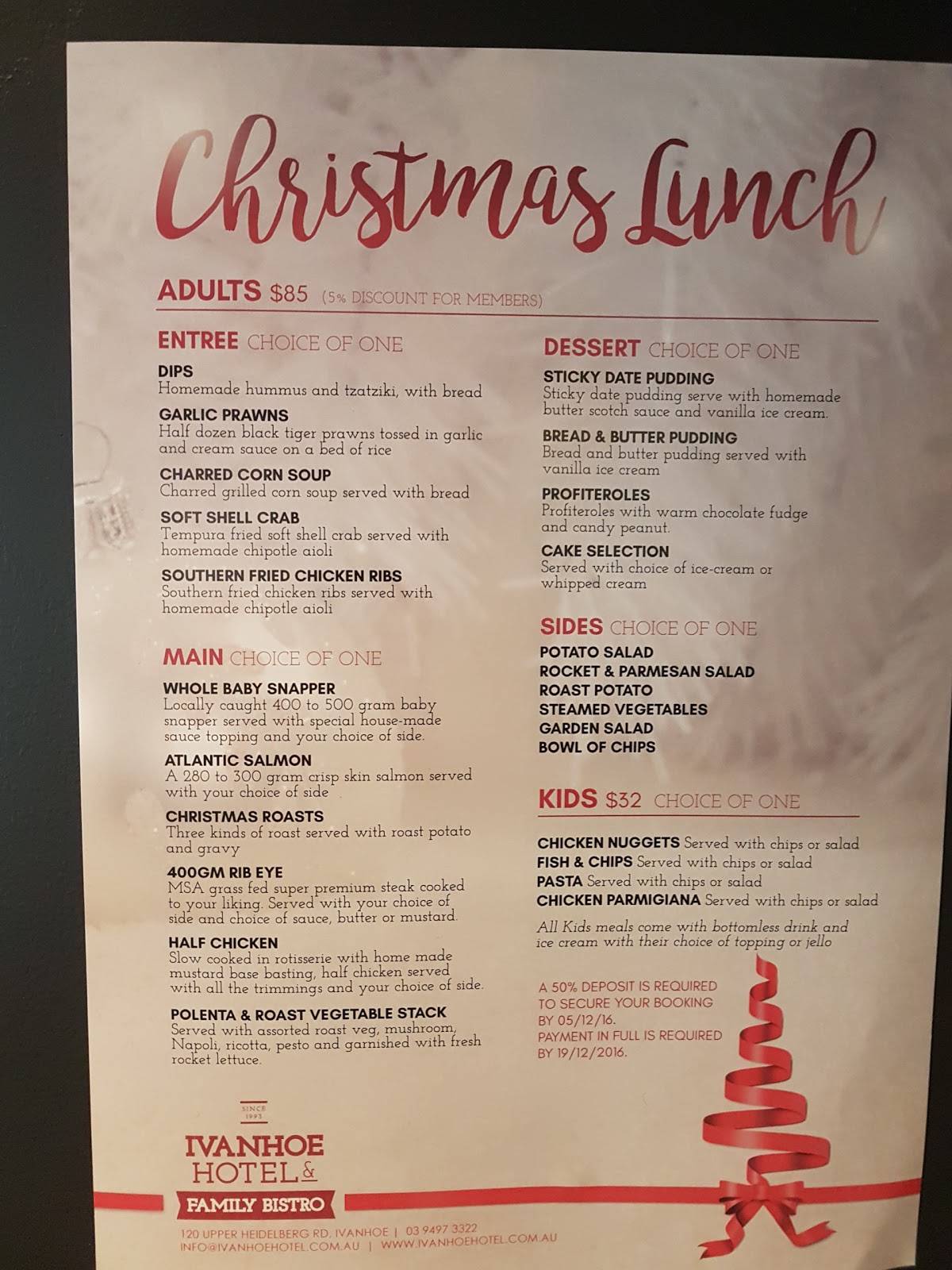 Menu at Ivanhoe Hotel pub & bar, Ivanhoe