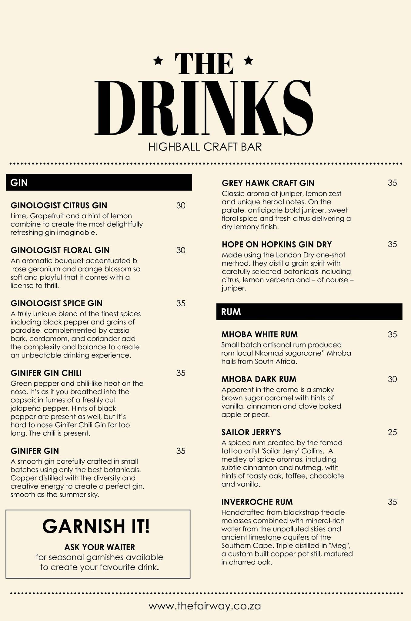 Menu at The Highball Craft Bar, Randburg