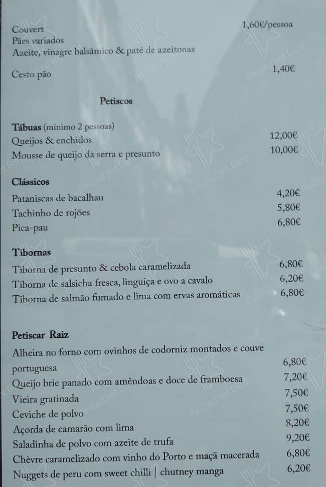 Restaurant Raiz menu