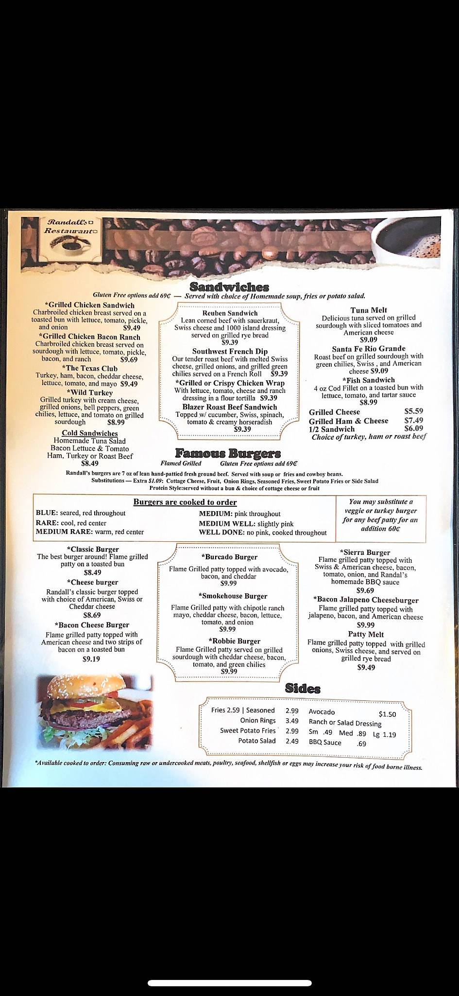 Menu at Randall's Restaurant, Cottonwood