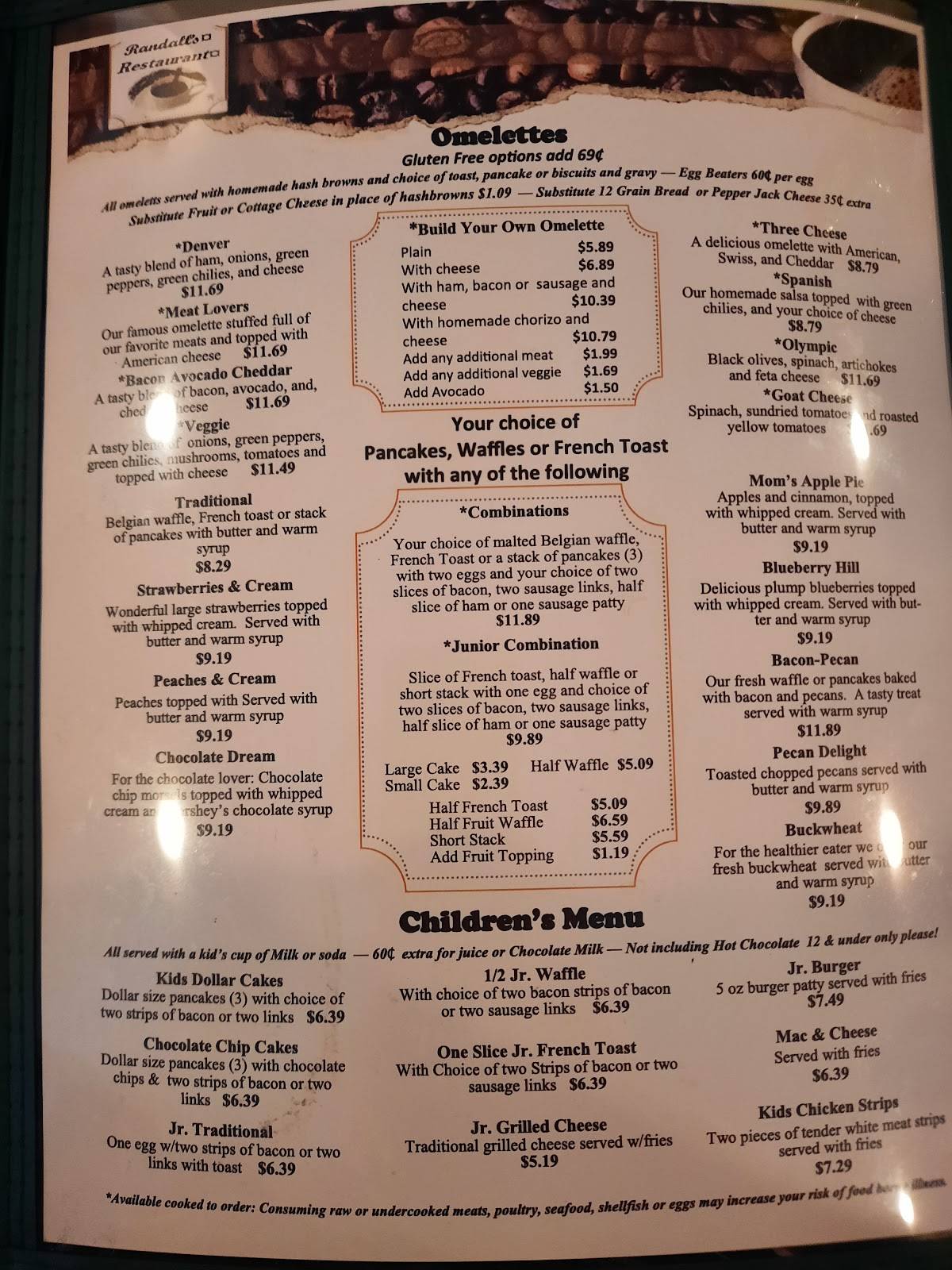 Menu at Randall's Restaurant, Cottonwood