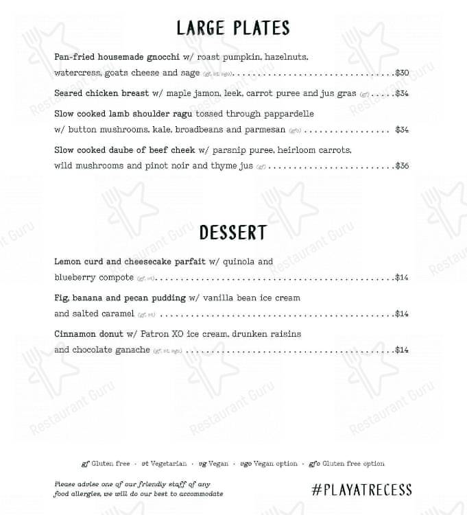Recess Bar + Eats menu