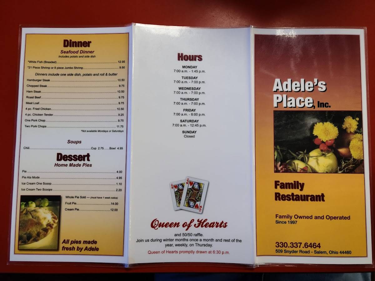 Menu at Adele's Restaurant, Salem