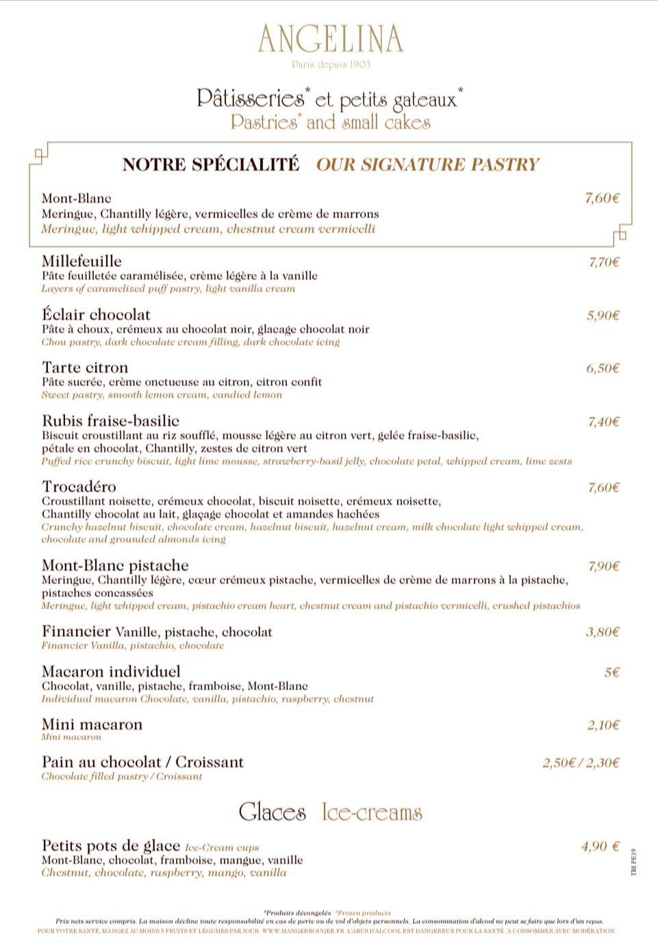 Menu at Angelina Paris restaurant, Versailles, Allée des 2