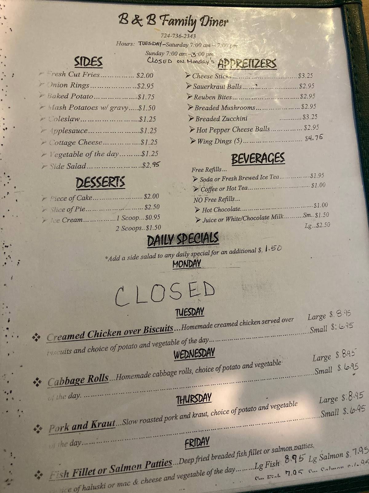 Menu at B & B Family Diner restaurant, Perryopolis