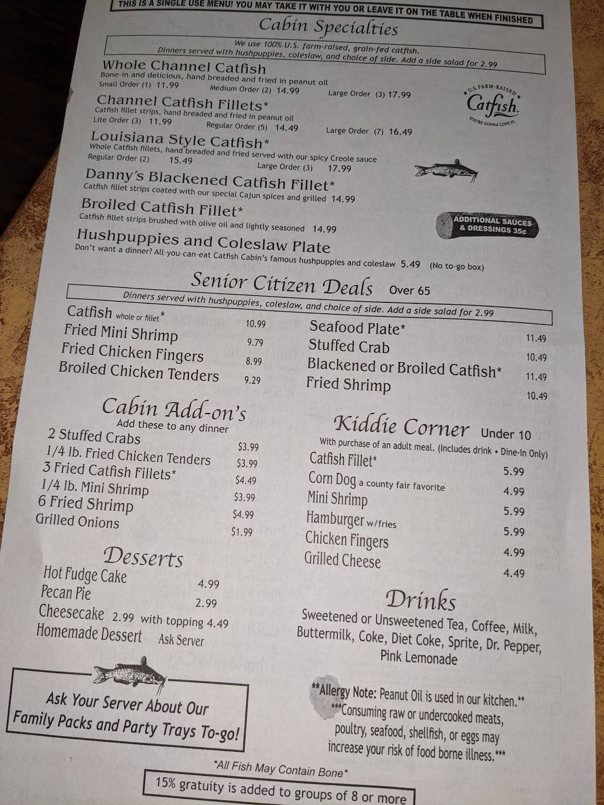 Menu at Catfish Cabin restaurant, Jackson, S Highland Ave