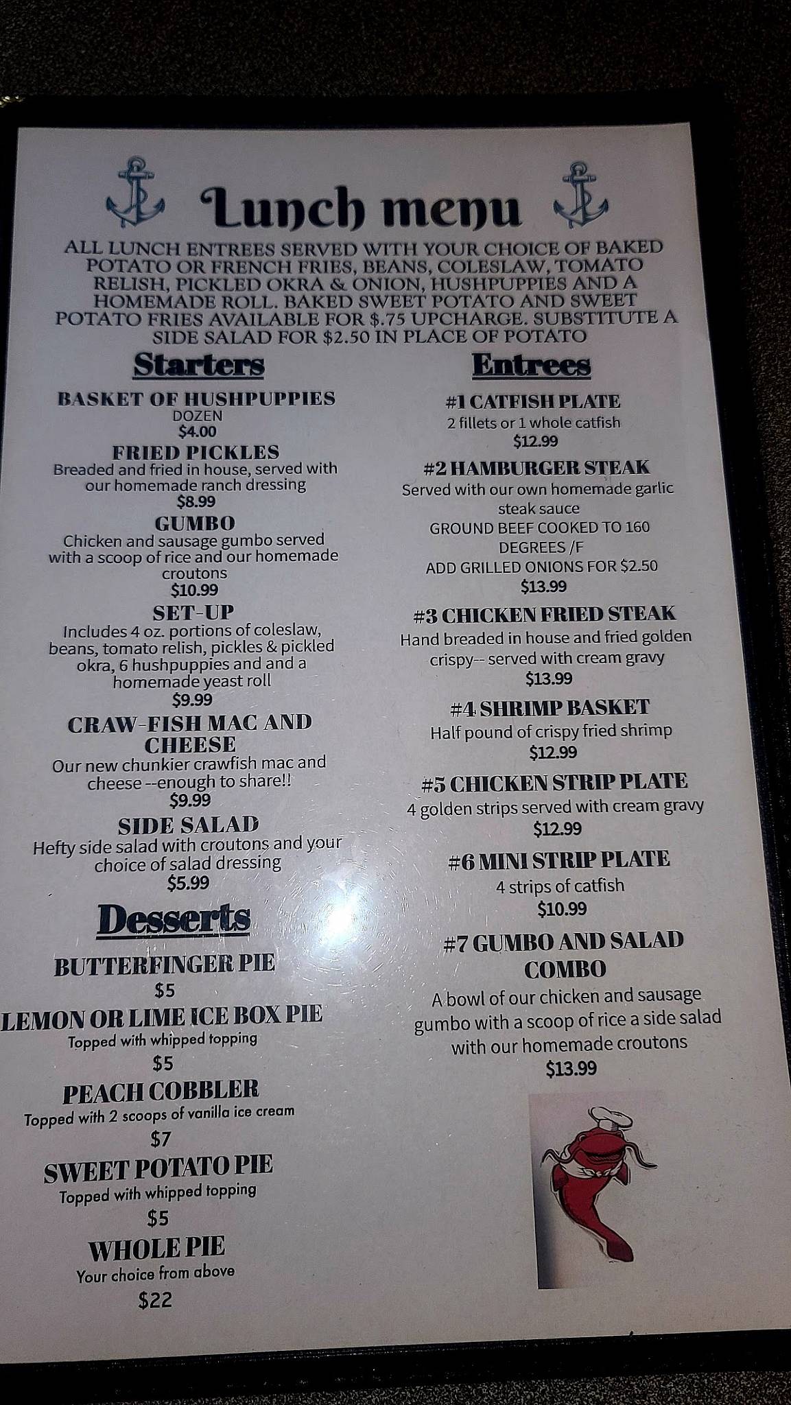 Menu at Catfish Sam's restaurant, Arlington
