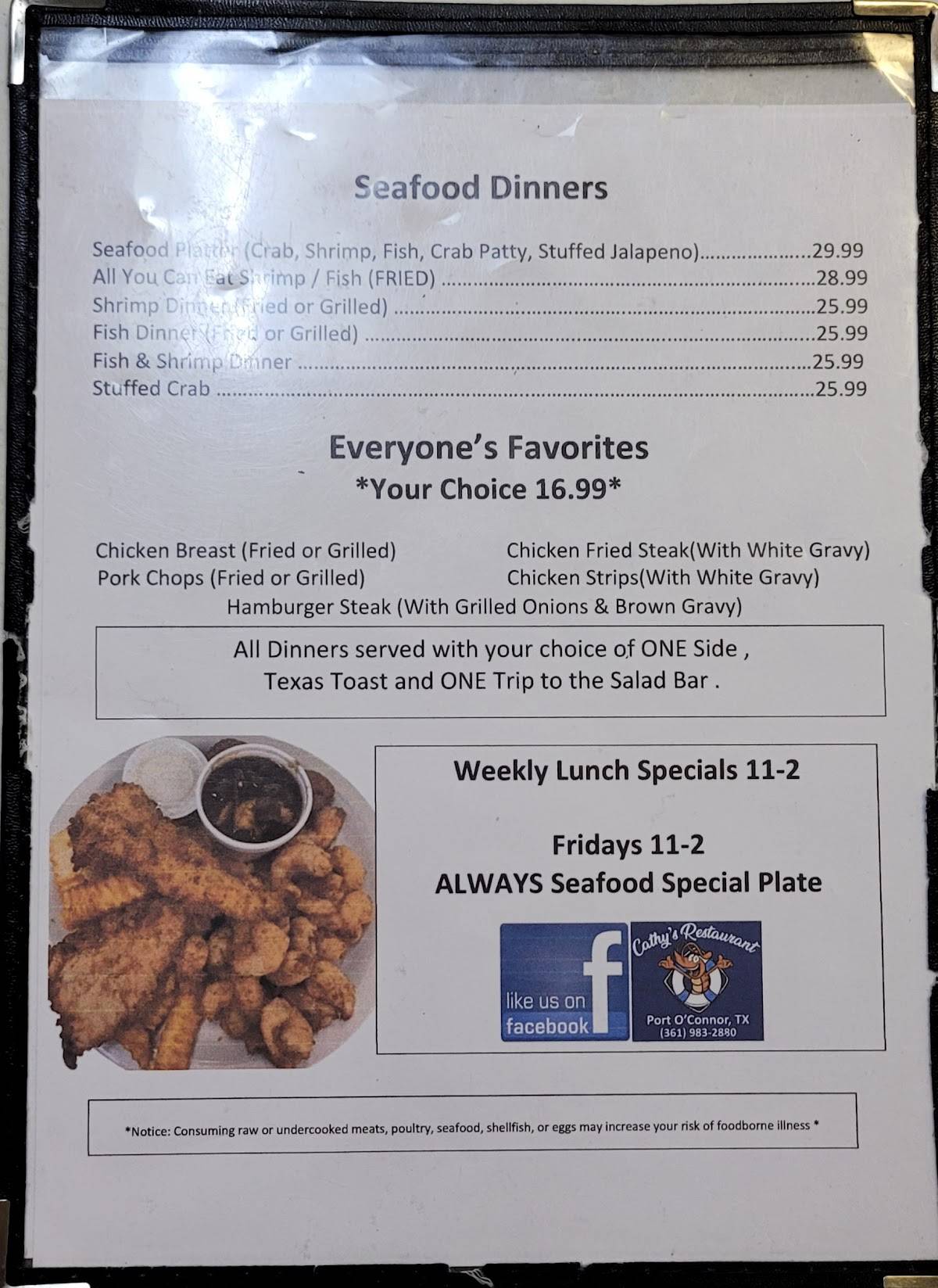 Menu at Cathy's restaurant, Port O'Connor