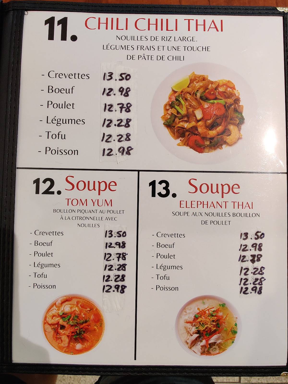 Carta del restaurante Elephant Thai, Montréal