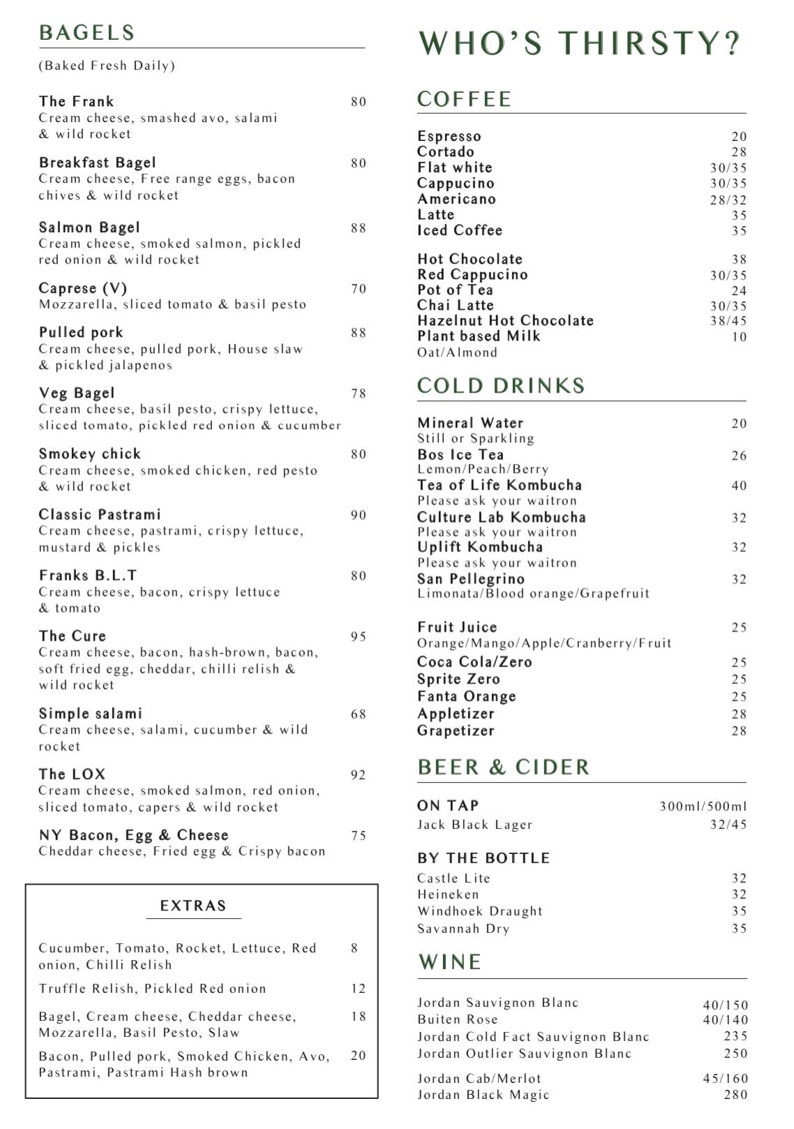Speisekarte von Frank's Coffee & Bagel Bar, Kapstadt
