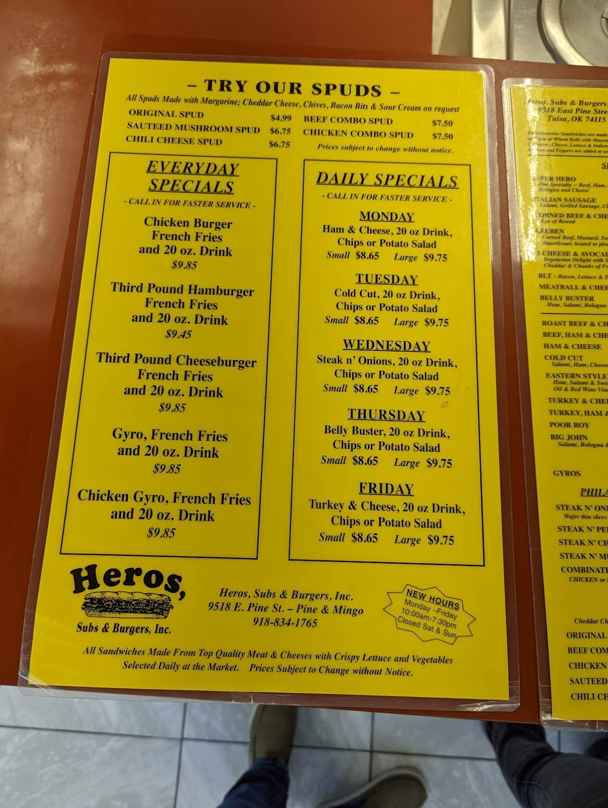 Menu at Heros Subs & Burgers restaurant, Tulsa, E Pine St