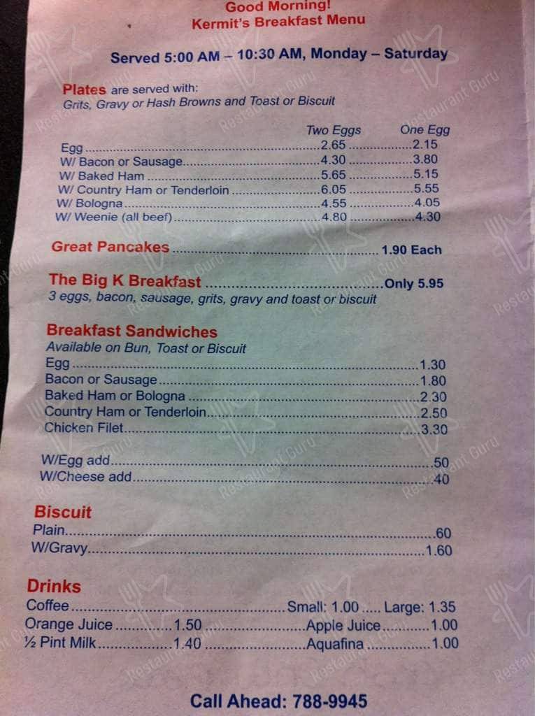 Menu at Kermit's Hot Dog House restaurant, WinstonSalem