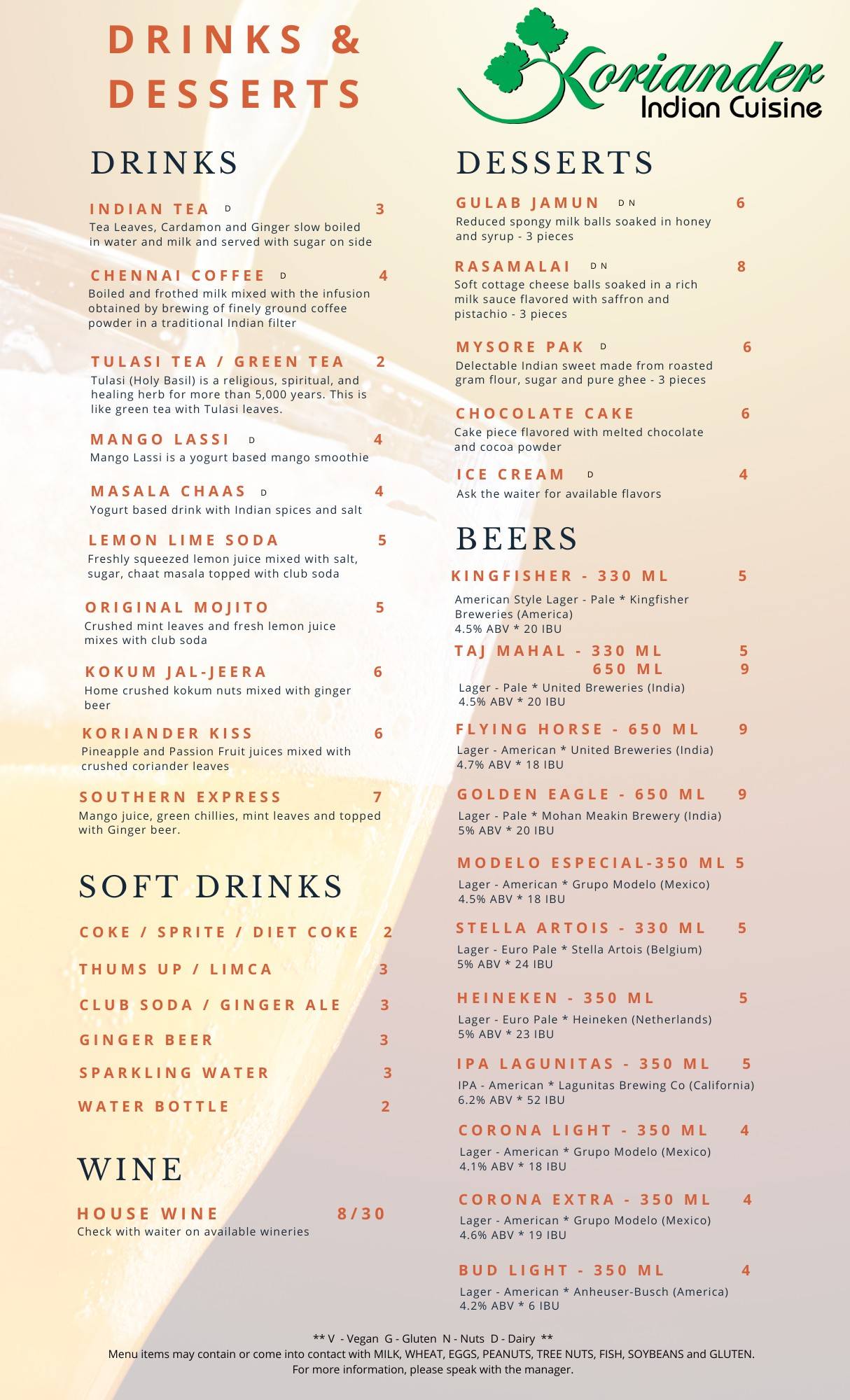 Menu at Koriander Indian Cuisine restaurant, Belmont