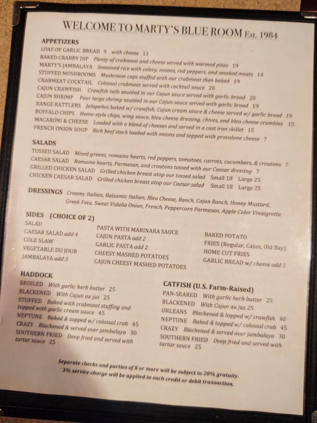 Menu at Marty's Blue Room restaurant, Nanticoke