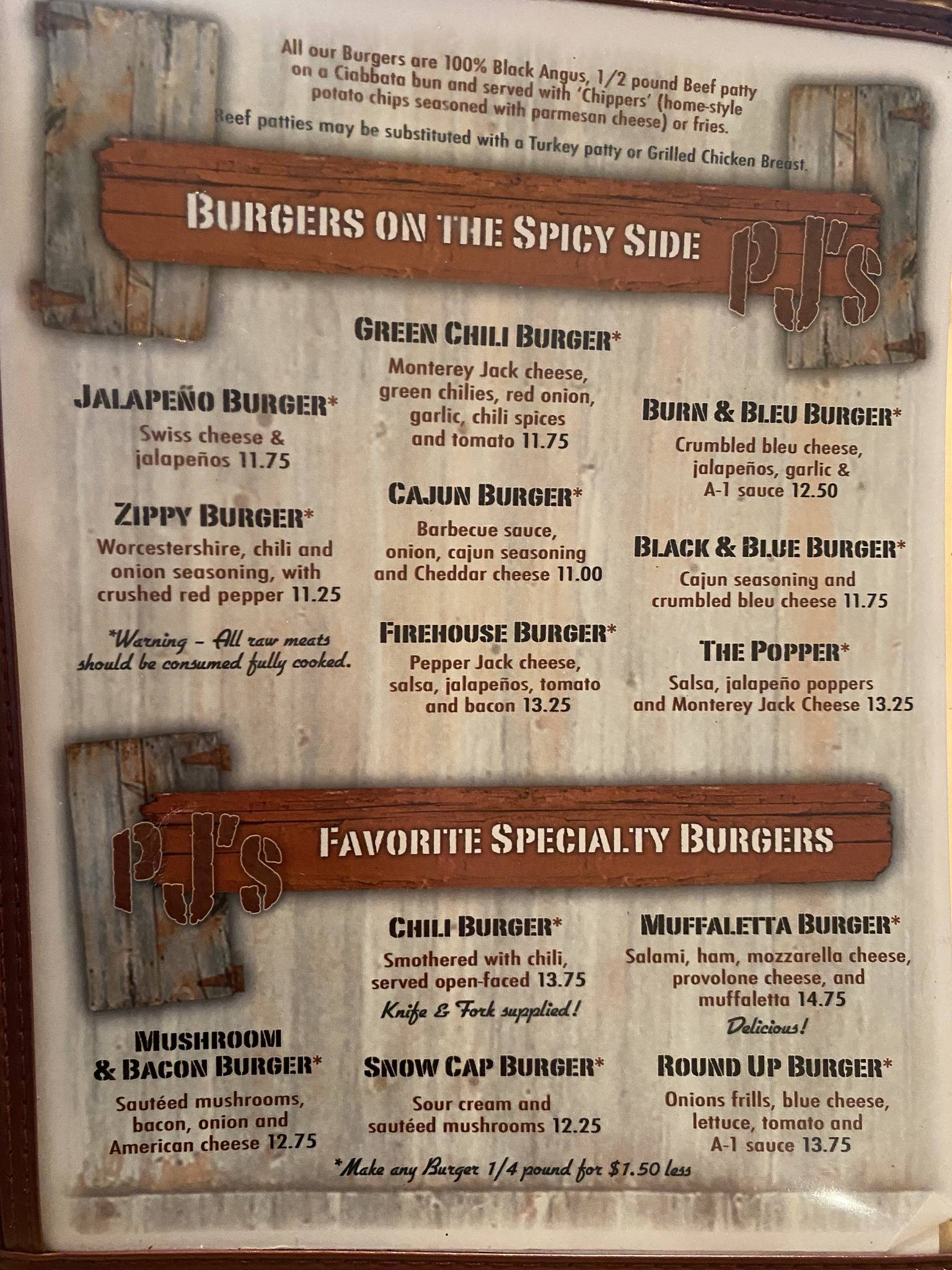 Menu at PJ's Burger Barn, Woodruff