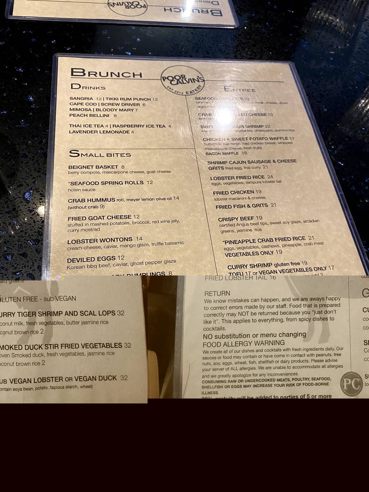 Menu at Poor Calvin's restaurant, Atlanta