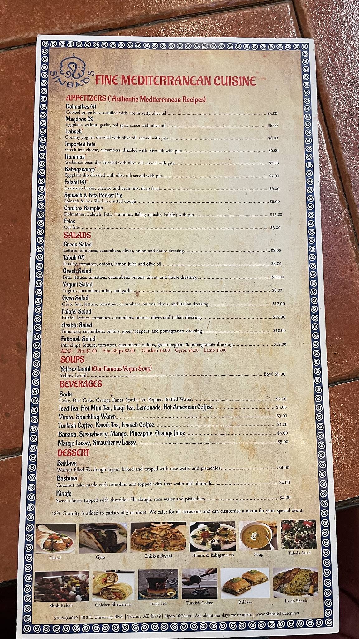 Menu at Sinbad's Restaurant, Tucson