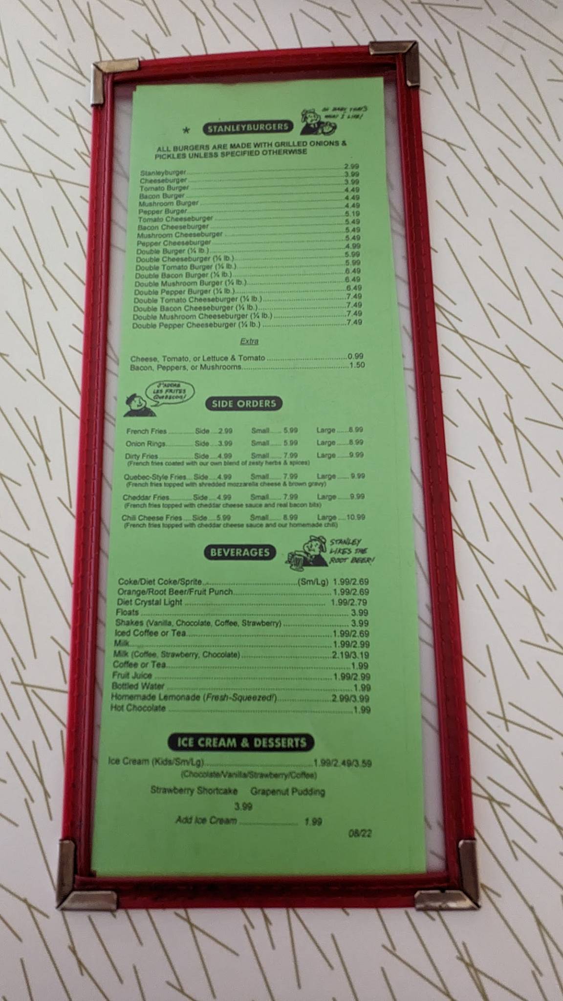 Carta del restaurante Stanley's Famous Hamburgers, Central Falls, 535