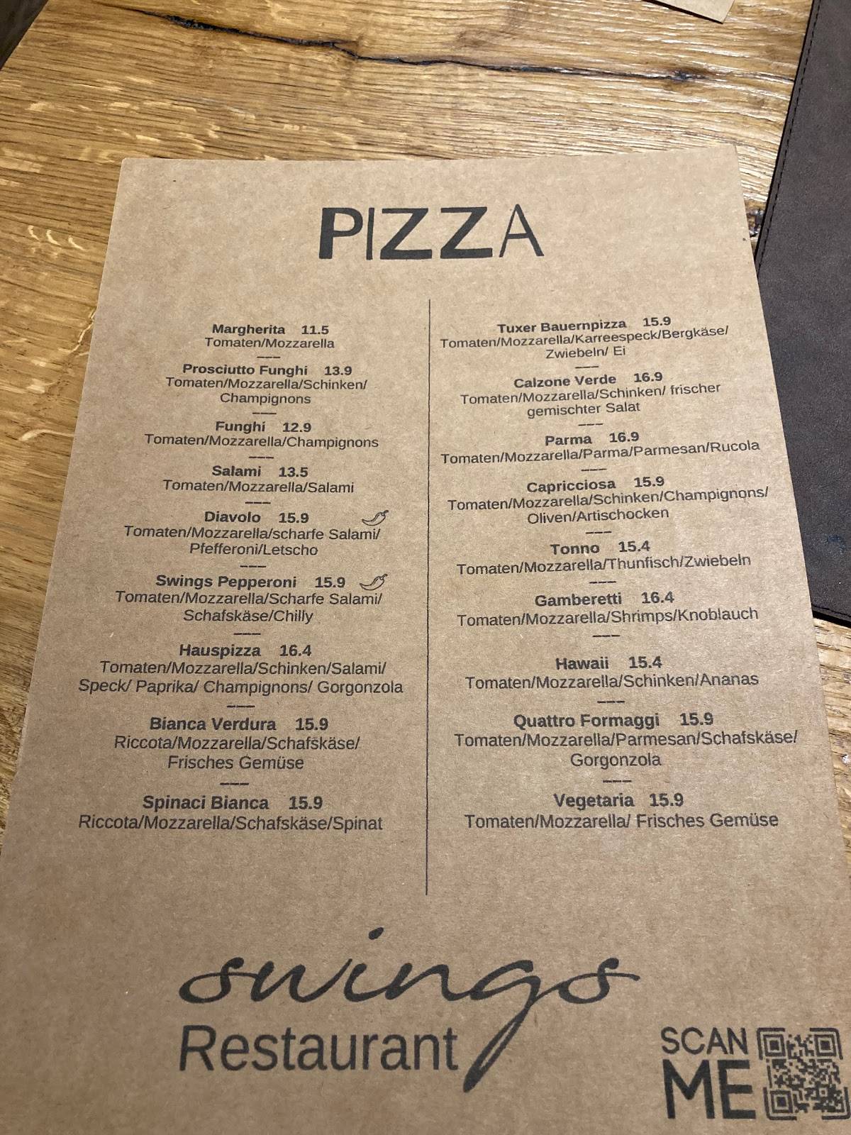 Speisekarte von Swings restaurant, Tux