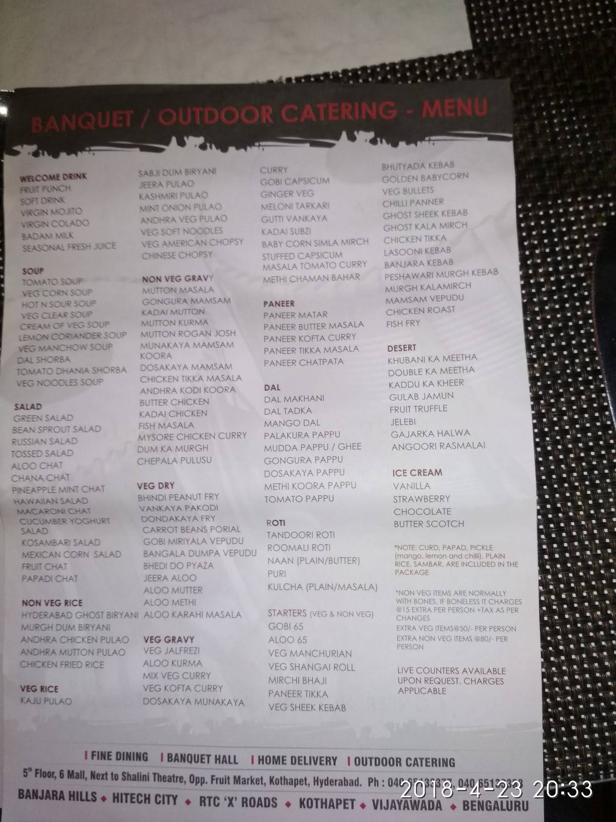 Menu at Tabla Kothapet, Hyderabad, Six Mall