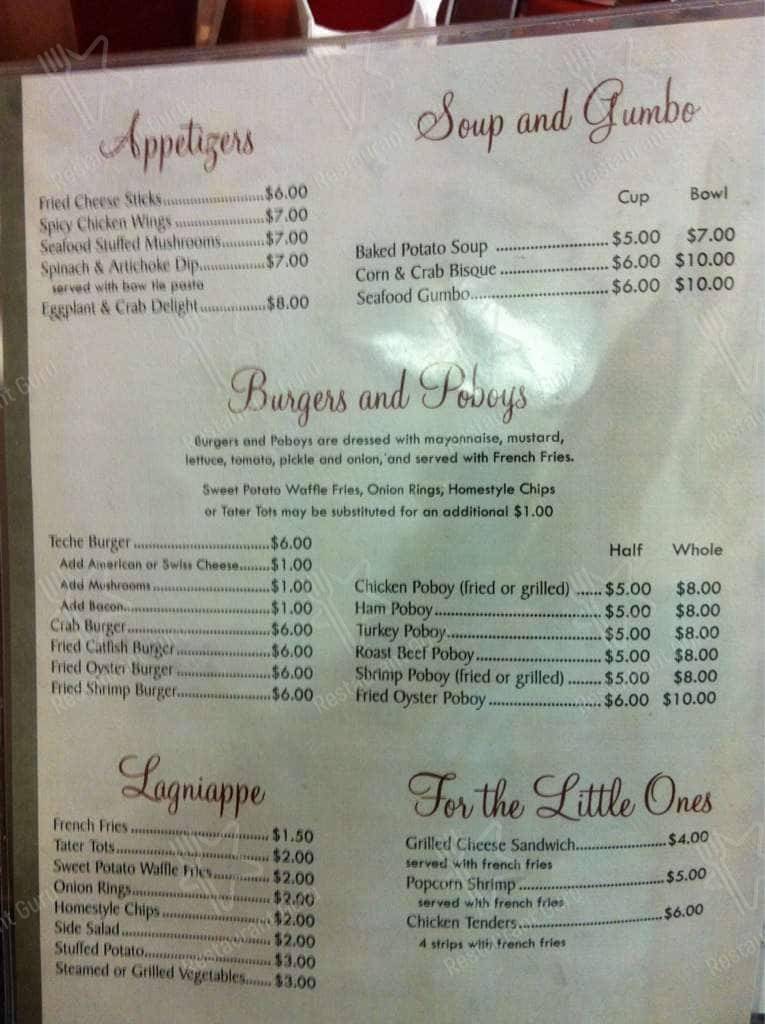 Menu at Teche Cafe, Loreauville