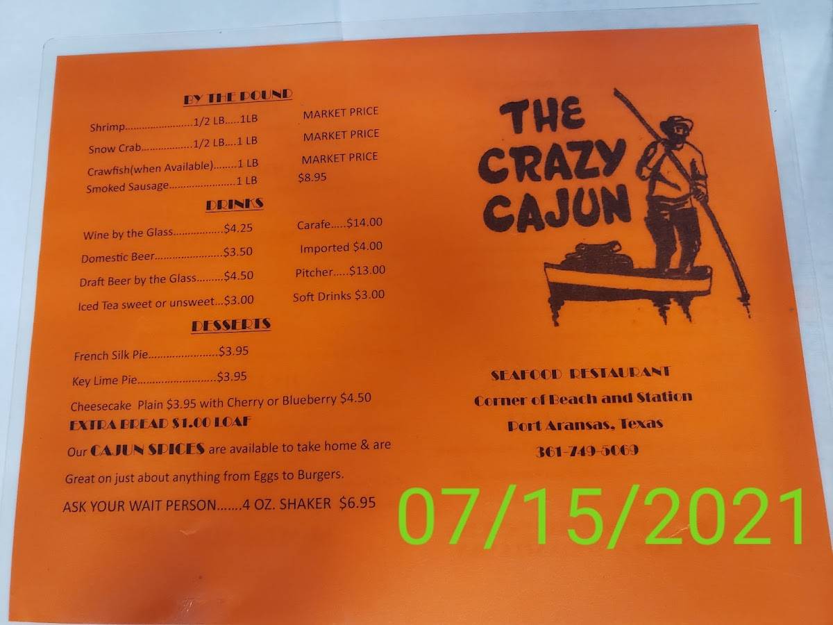 Menu at The Crazy Cajun Seafood Restaurant, Port Aransas