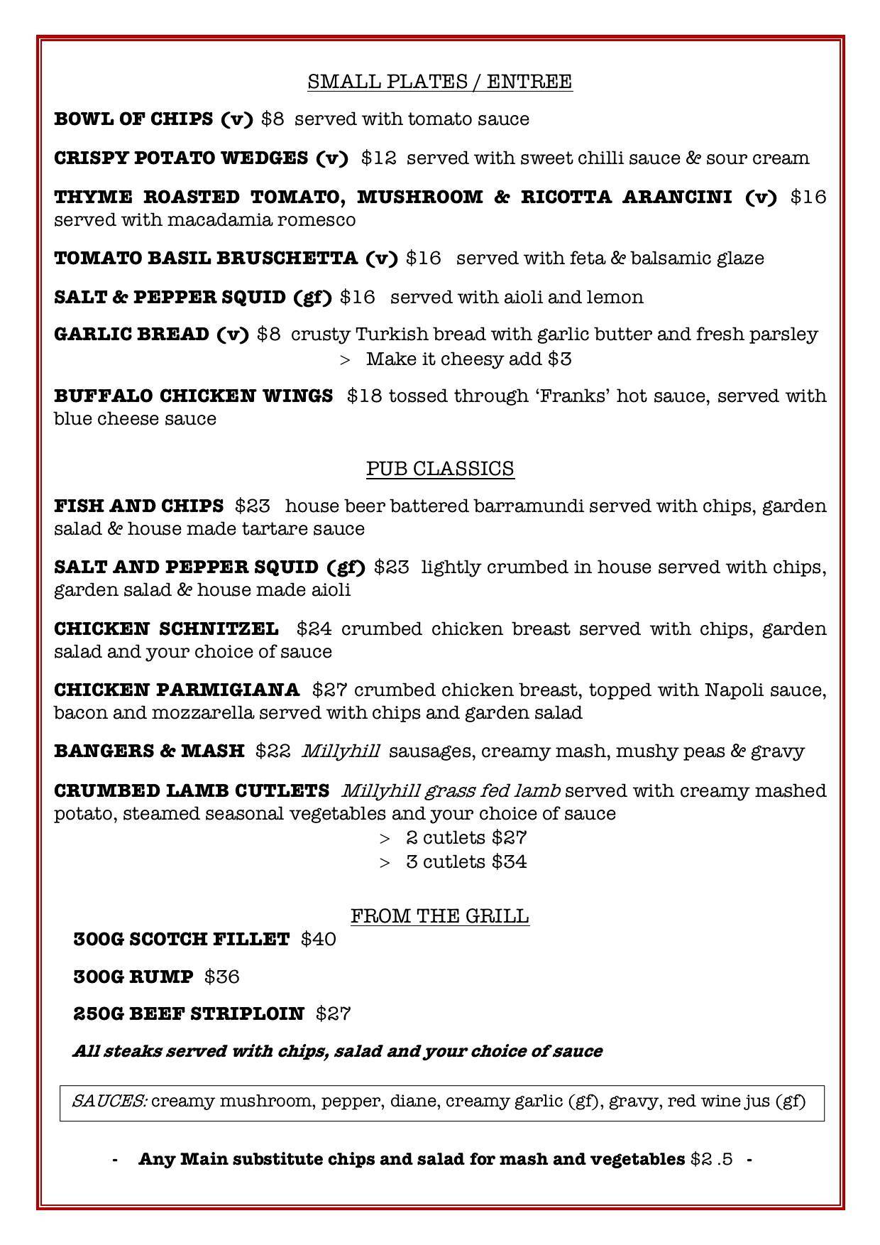 Menu at The Heritage Hotel of Gladstone restaurant, Gladstone
