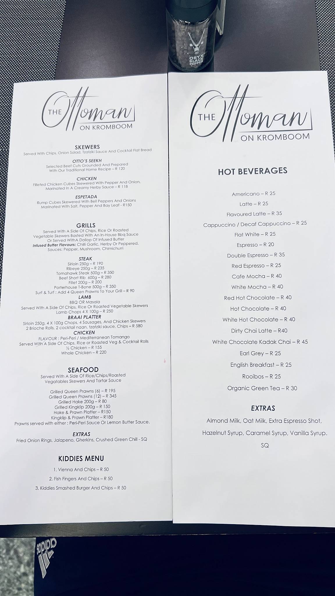 Menu at The Ottoman on Kromboom restaurant, Cape Town