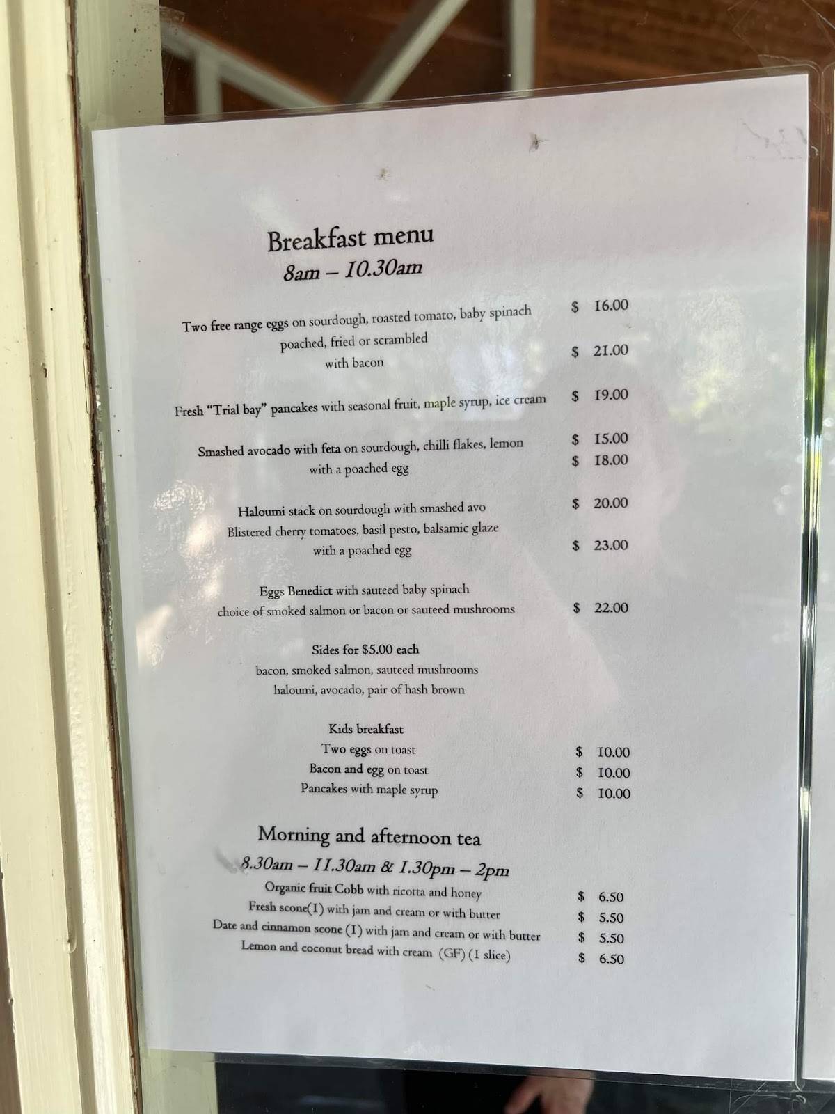 Menu at Trial Bay Kiosk restaurant, South West Rocks