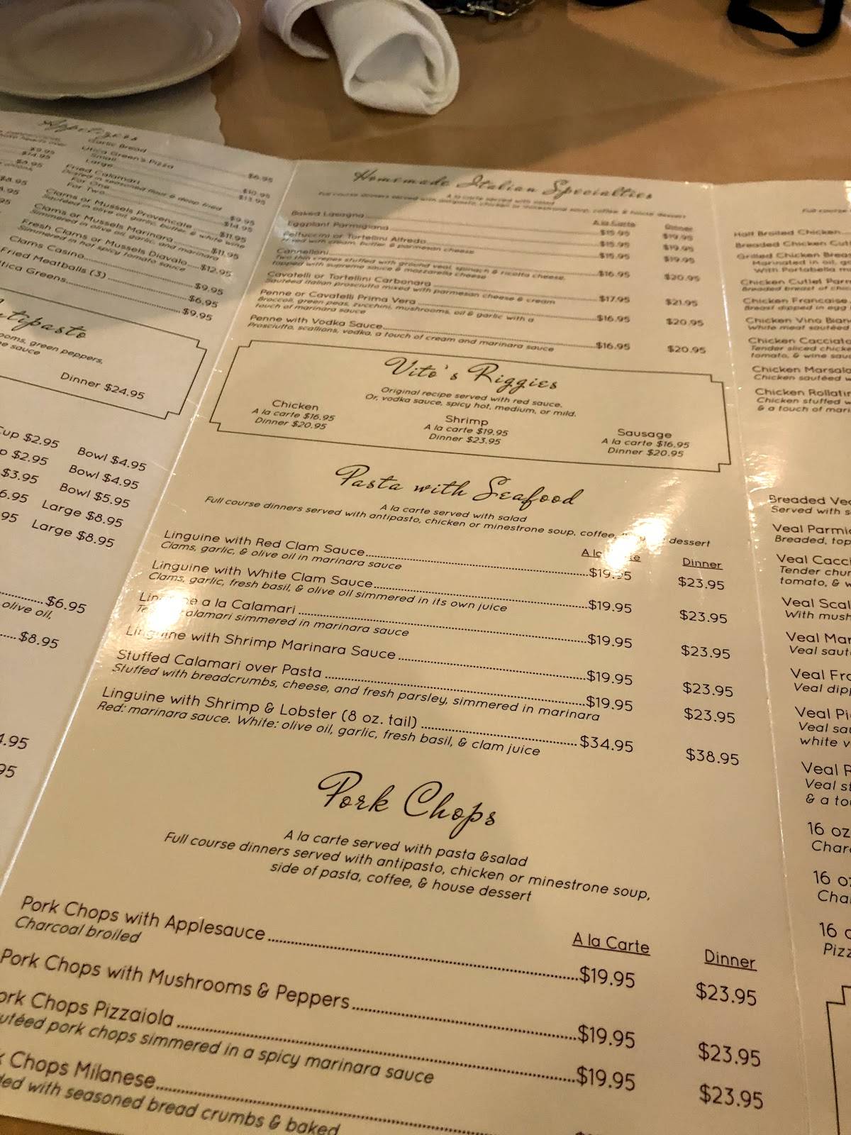 Menu at Vito's Ristorante restaurant, East Syracuse