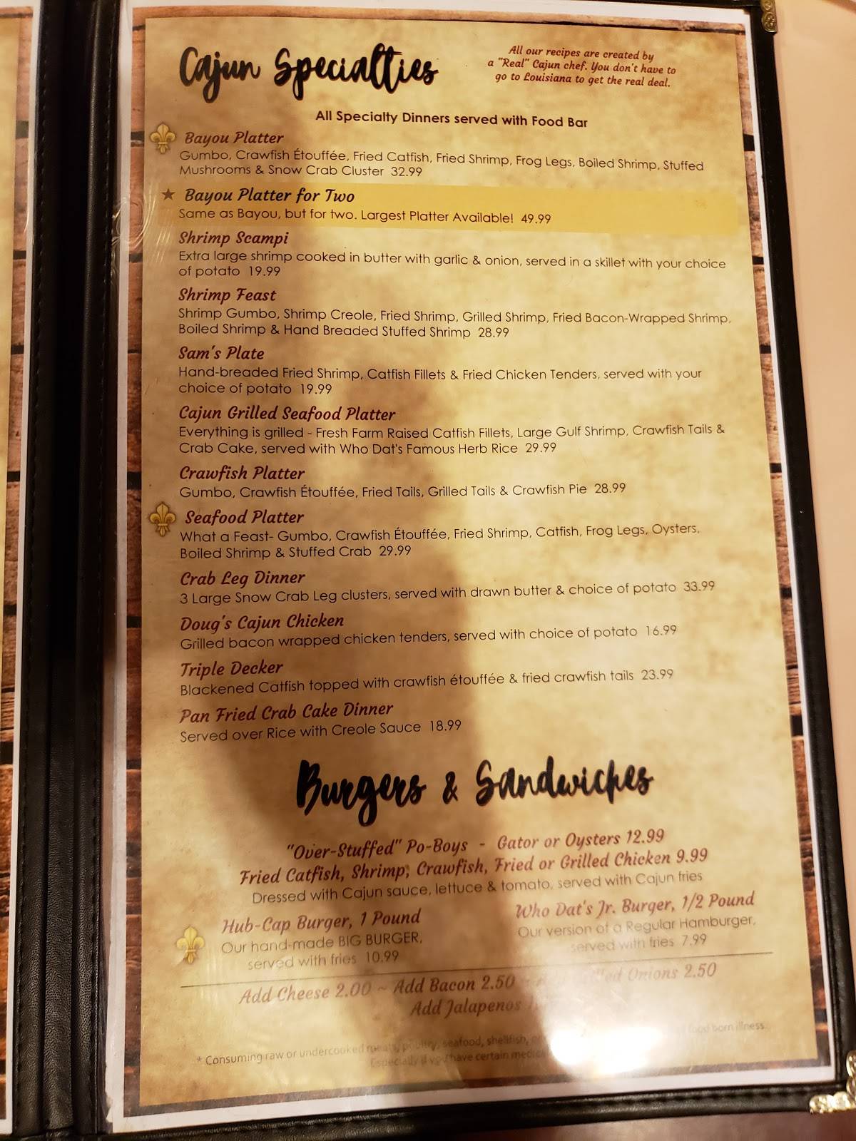 Menu at Who Dat's Cajun Restaurant, Bald Knob