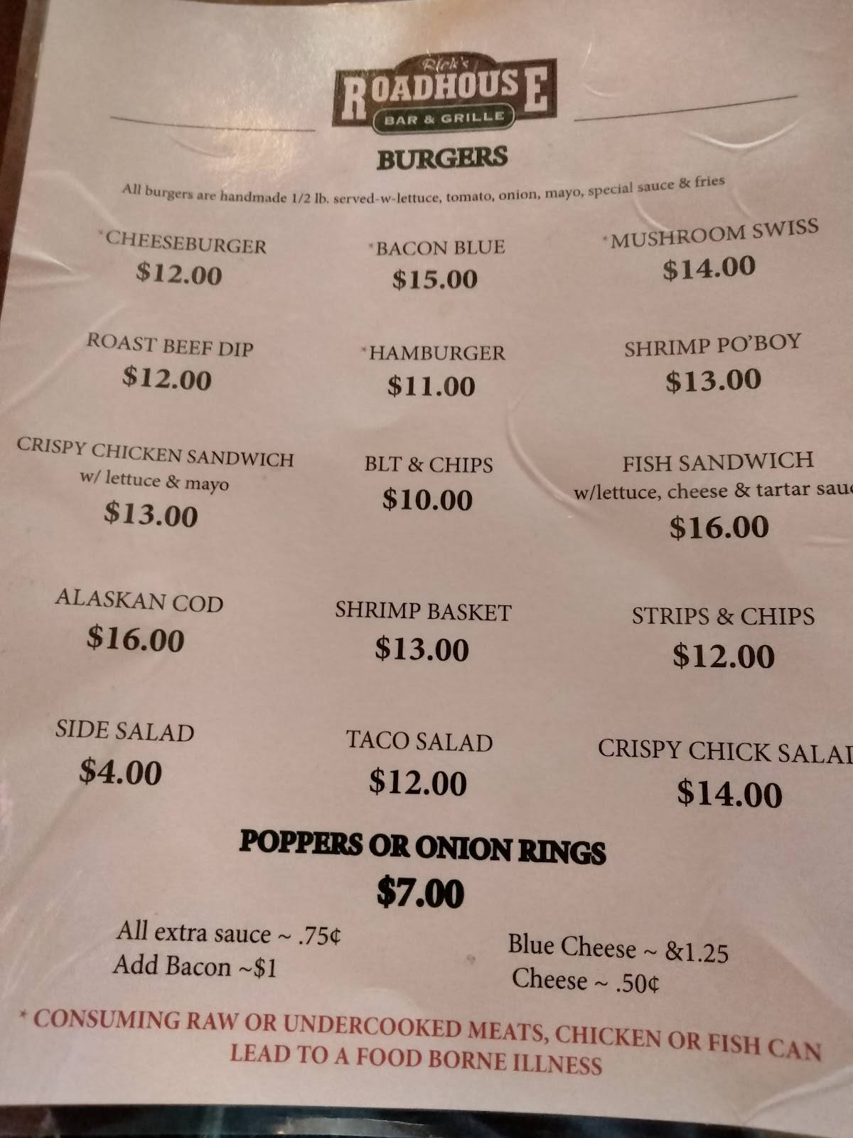 Menu at Rick's Roadhouse pub & bar, Rockaway Beach, 184 N Hwy 101