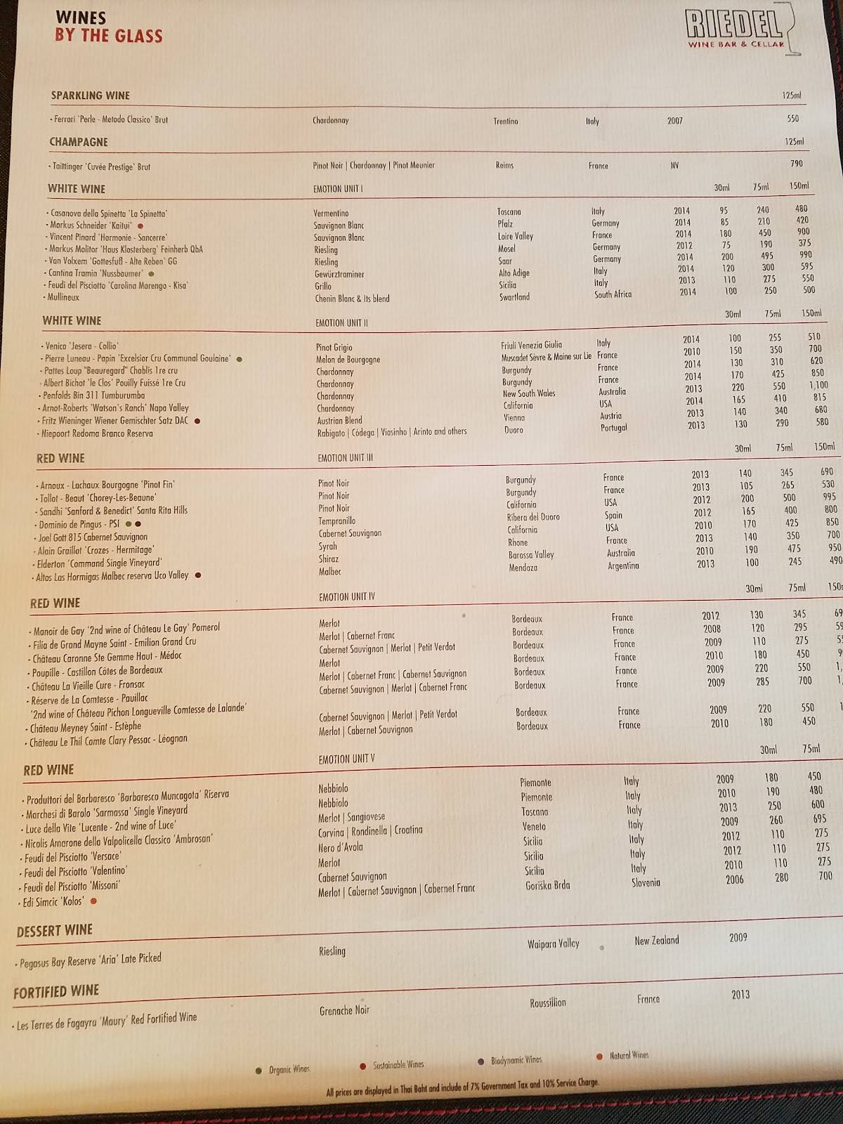 Menu at Riedel Wine Bar & Cellar, Bangkok