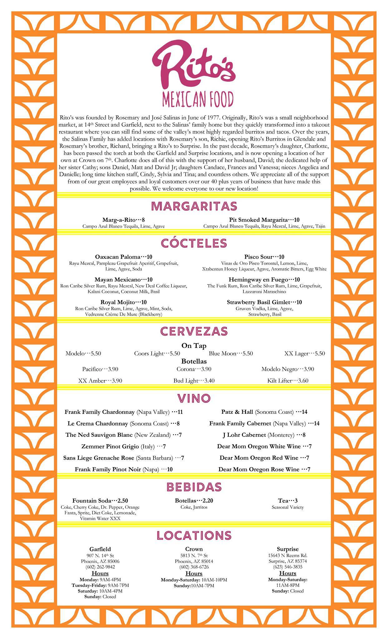 Menu at Rito's Mexican Food restaurant, Phoenix, N 7th St
