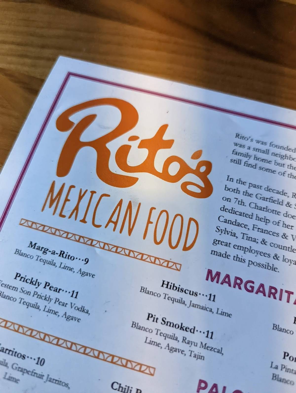 Menu at Rito's Mexican Food restaurant, Phoenix, N 7th St