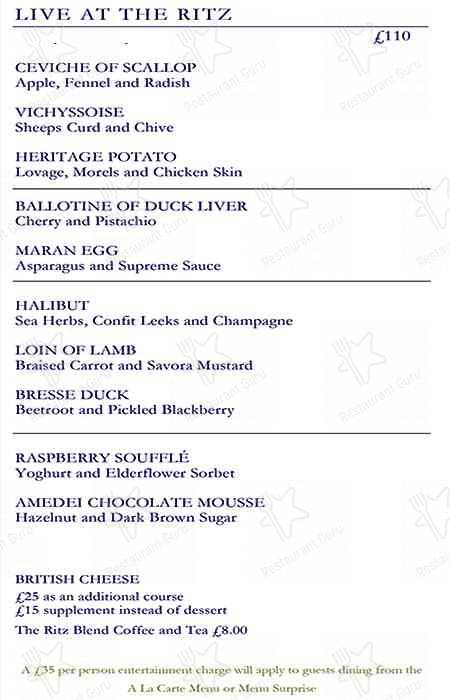 Menu at The Ritz Restaurant, London