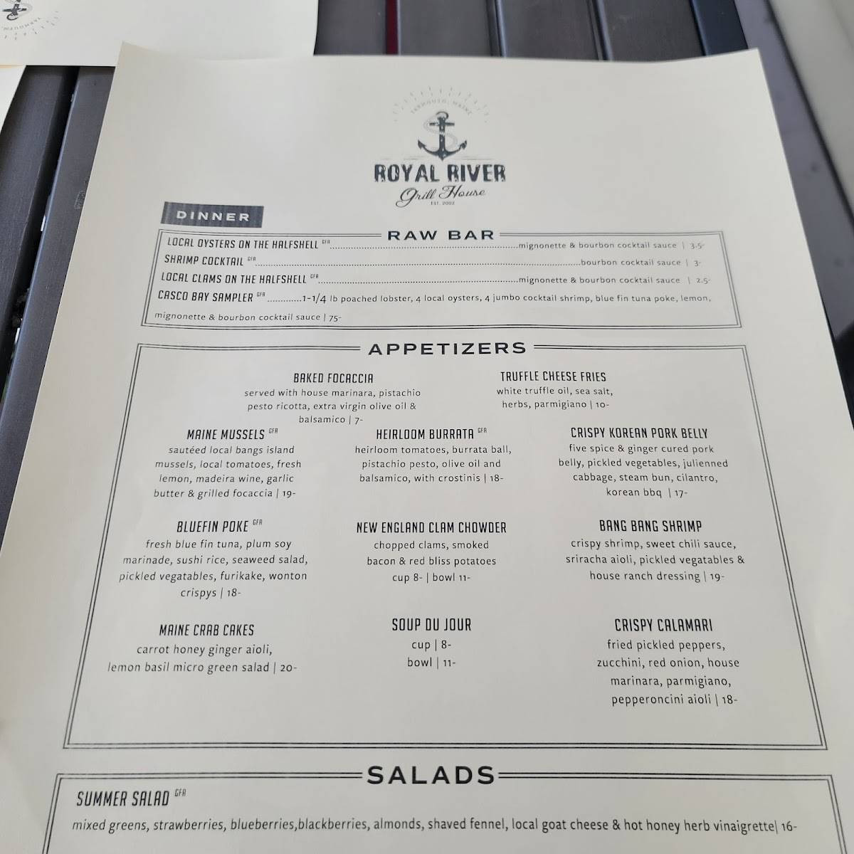 Menu at Royal River Grill House steakhouse, Yarmouth