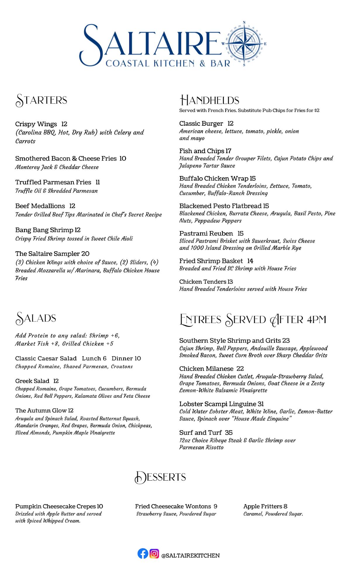 Menu at Saltaire Kitchen and Bar, Surfside Beach
