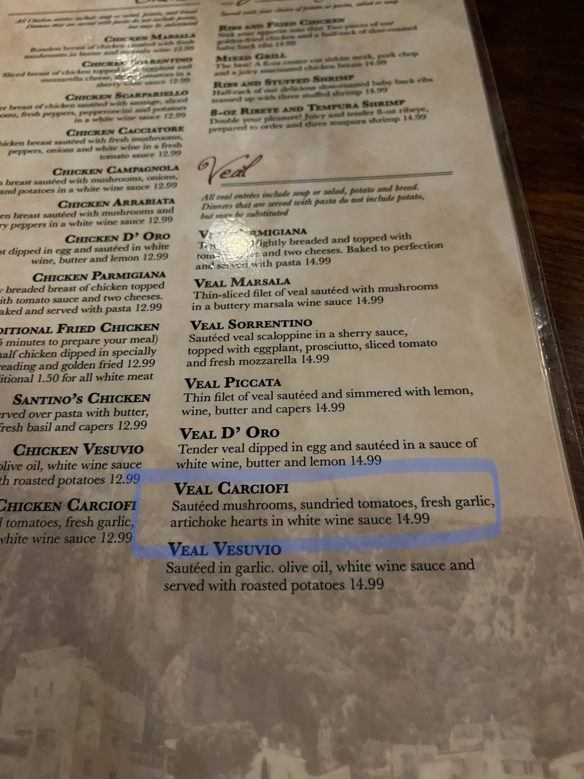 Menu at Santinos steakhouse, Alton