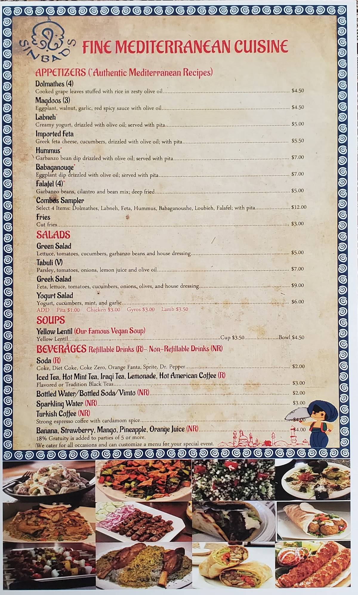 Menu at Sinbad's Restaurant, Tucson