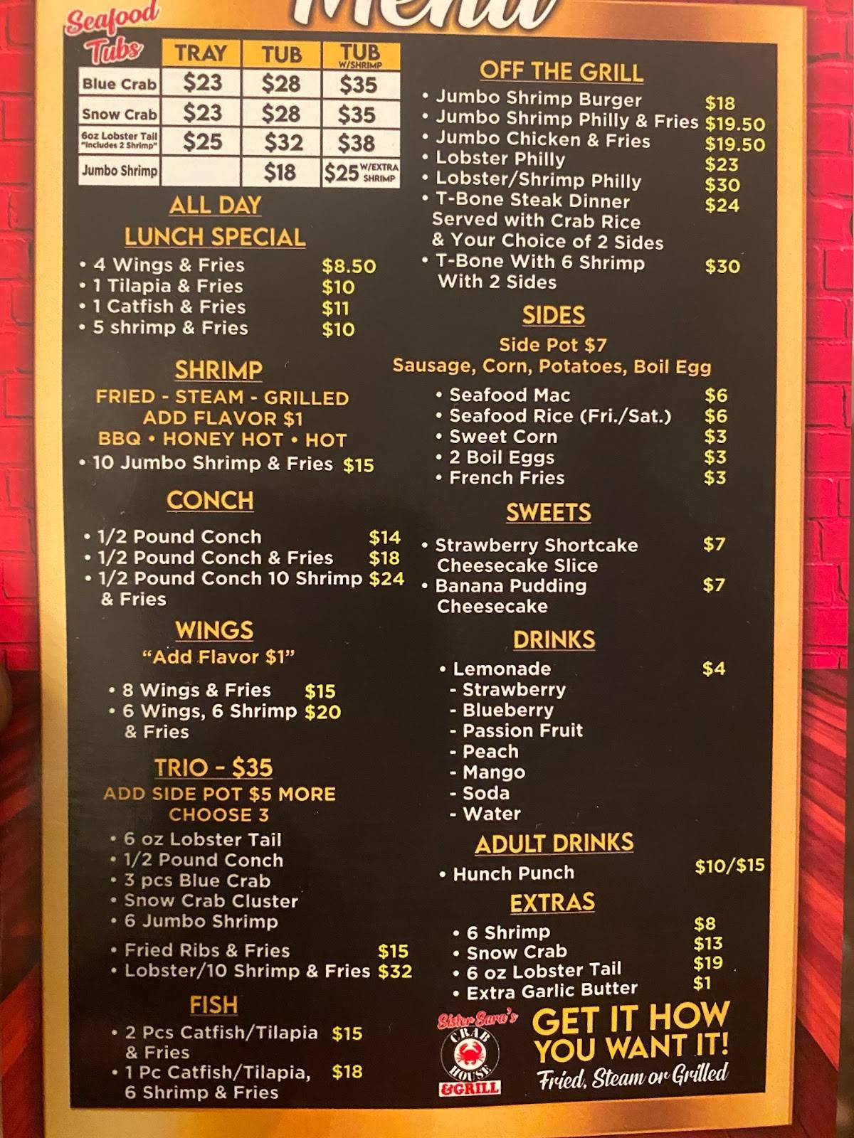 Menu at Sister Sara Crab House restaurant, Fort Lauderdale