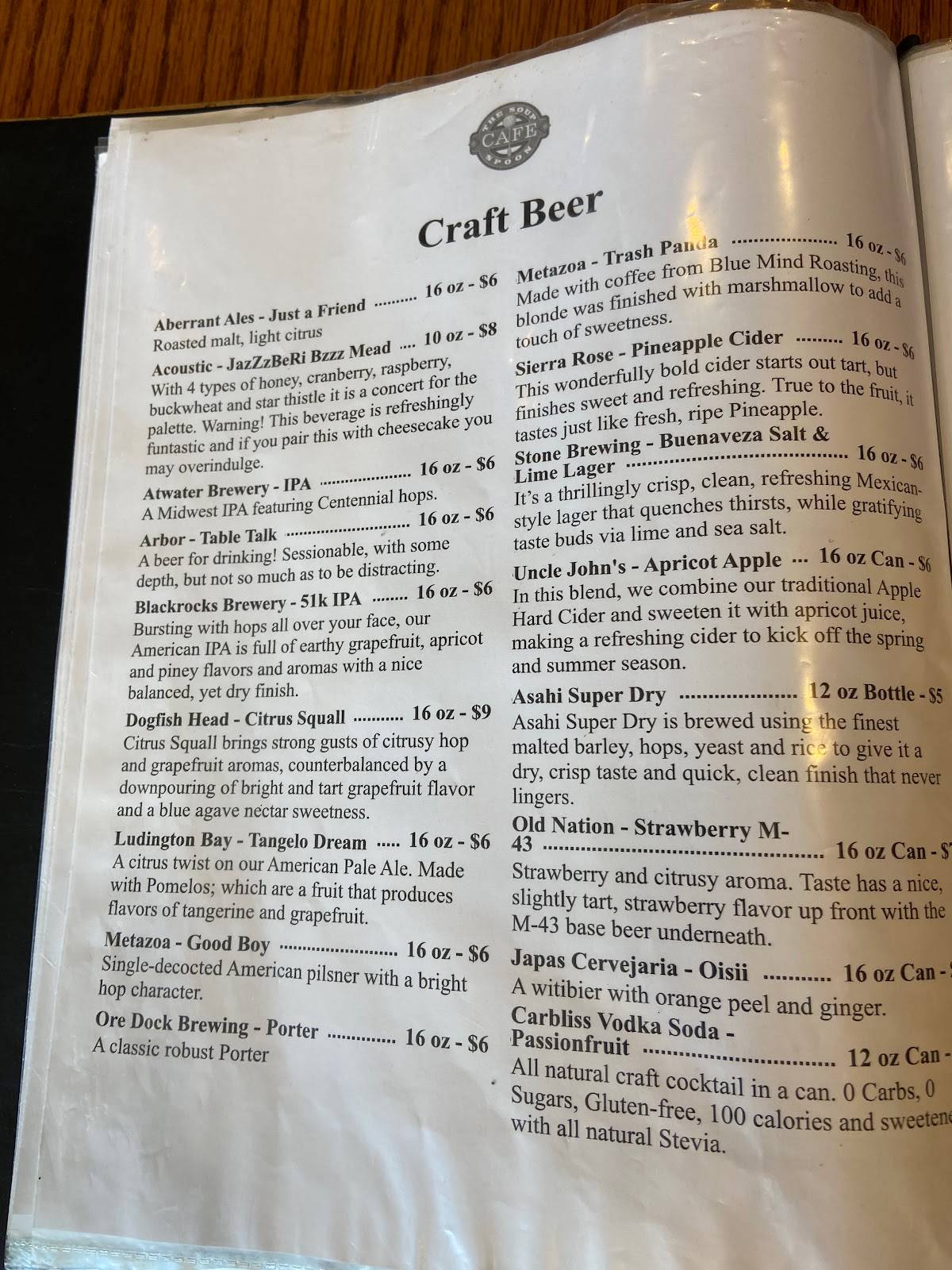 Menu at Soup Spoon Café pub & bar, Lansing