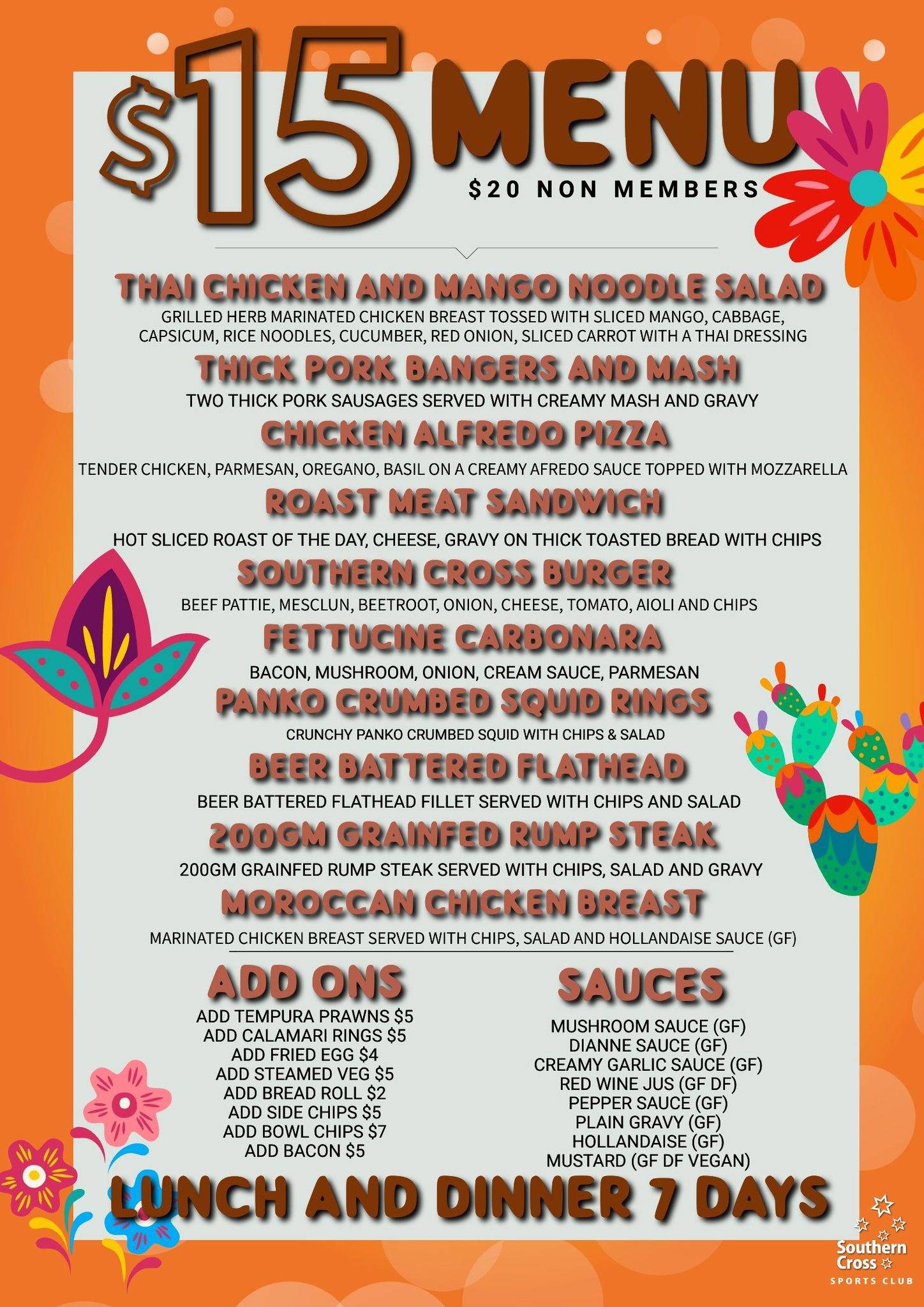 Menu at Southern Cross Sports Club, Upper Mount Gravatt, Corner of