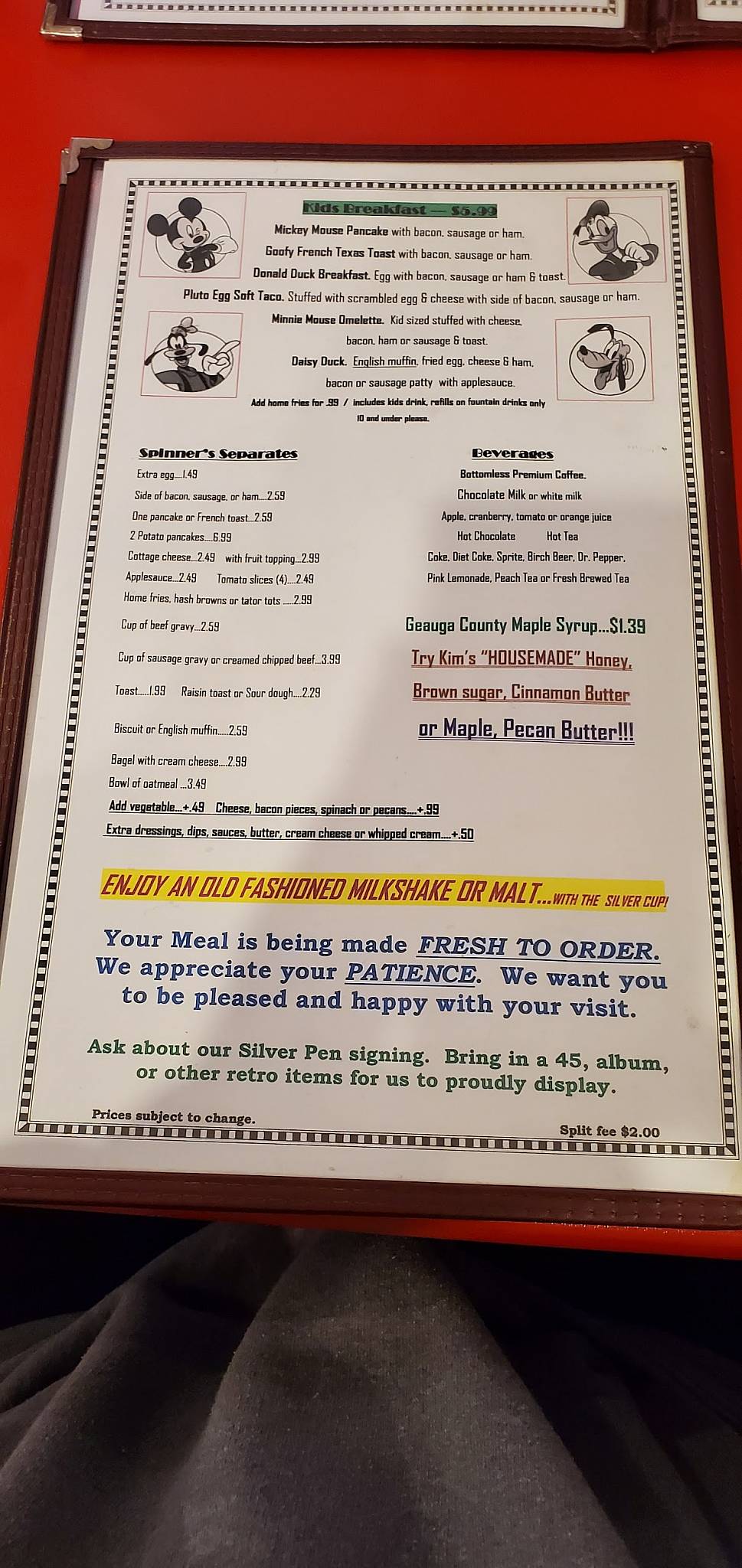 Menu at Spinner's Good Time Diner restaurant, Chardon