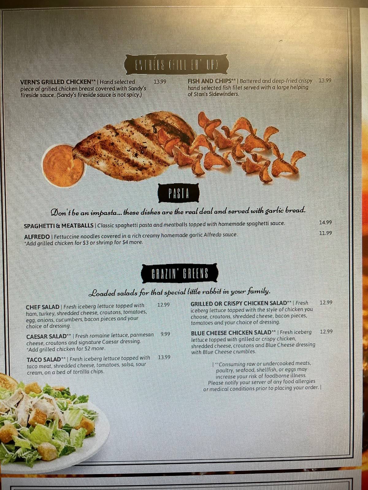 Menu at Stan's Bar and Grille of Peru, Grissom Air Force Base