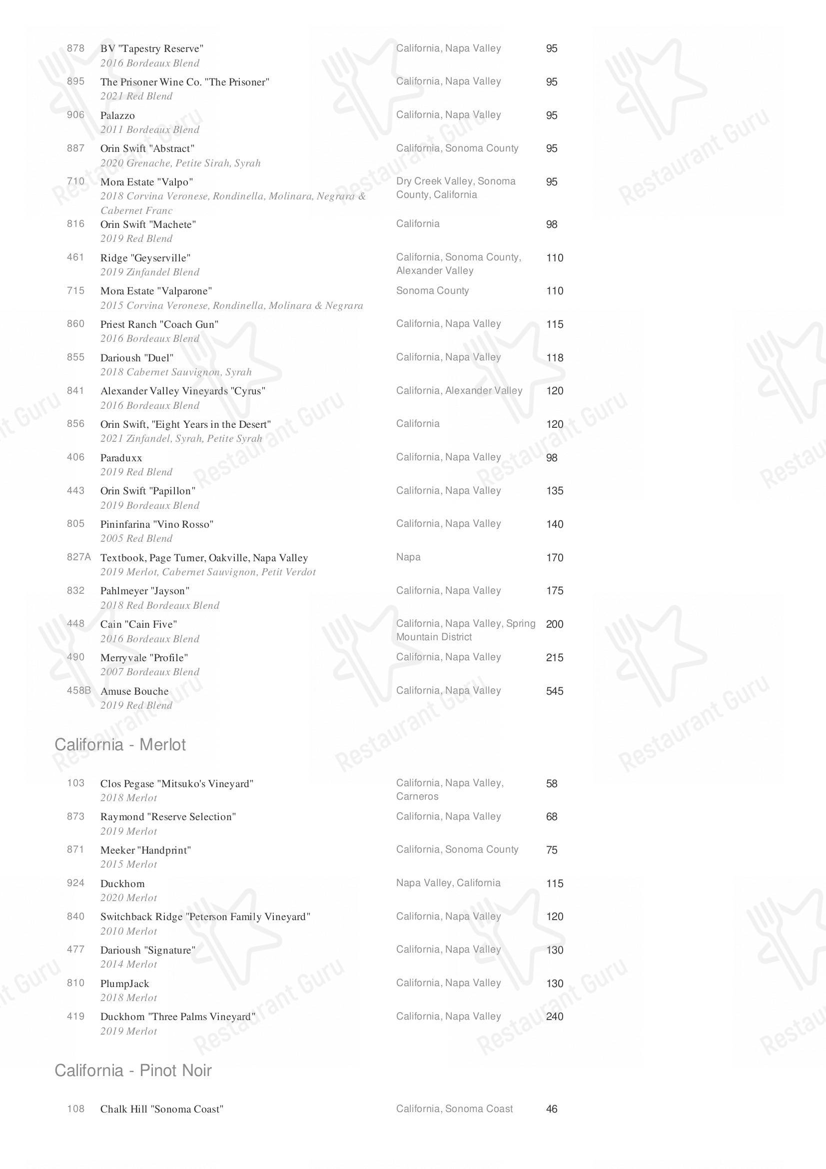 Menu at Chop House steakhouse, Clearwater, Ulmerton Rd