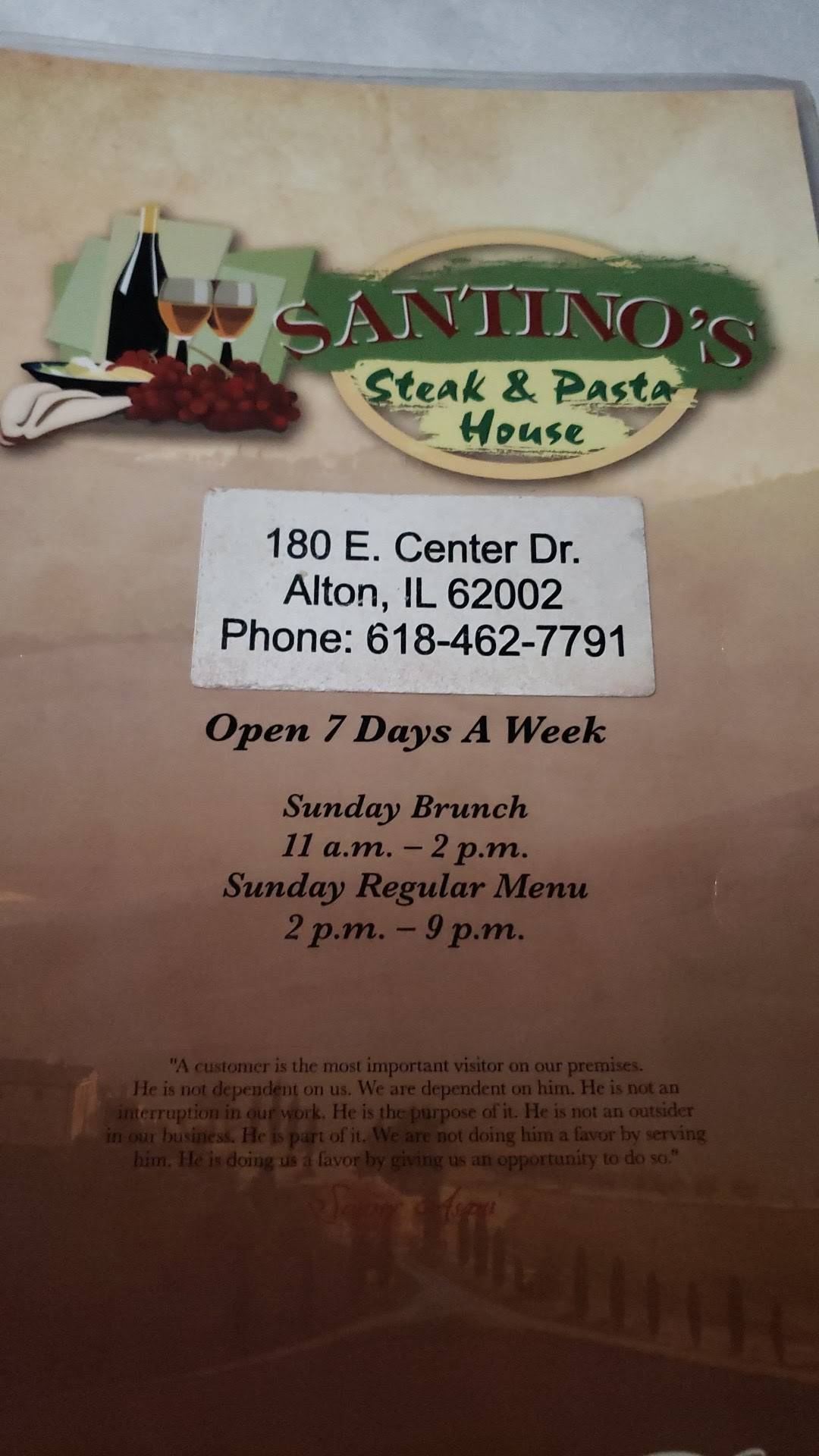 Menu at Santinos steakhouse, Alton