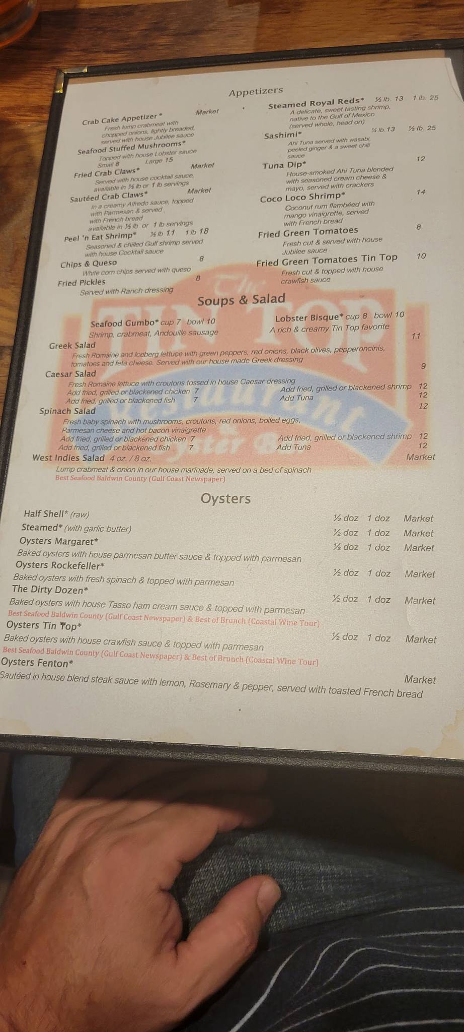 Menu At The Tin Top Restaurant Oyster Bar Bon Secour