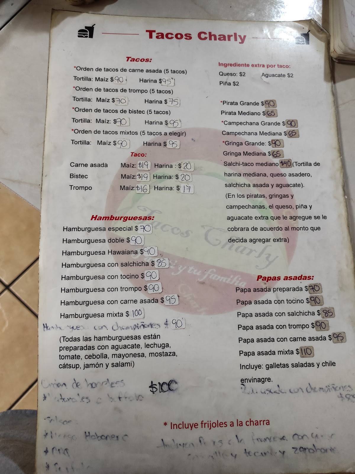 Carta del restaurante Tacos Charly, Monterrey, Calle Pedro María Anaya