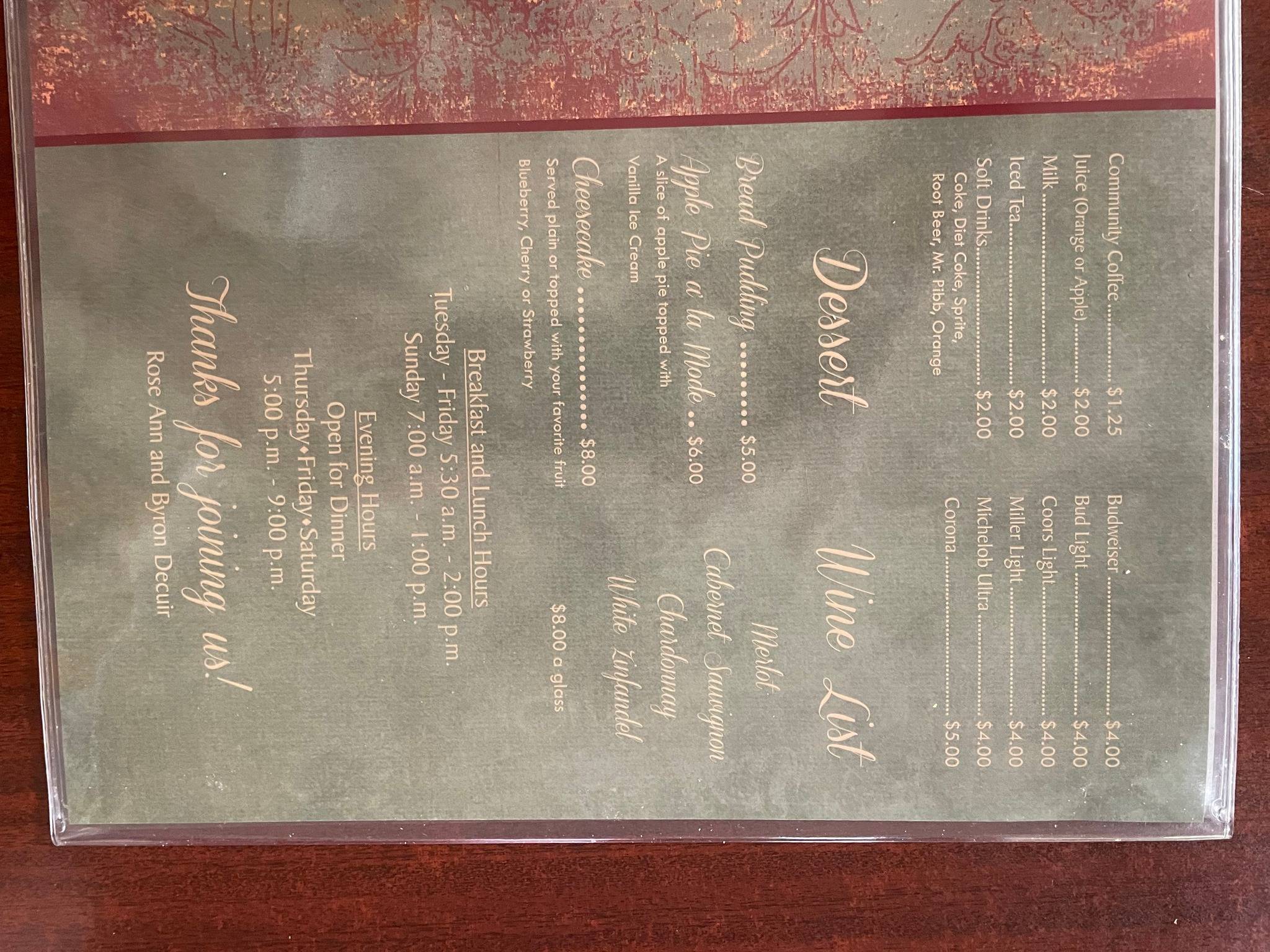 Menu at Teche Cafe, Loreauville